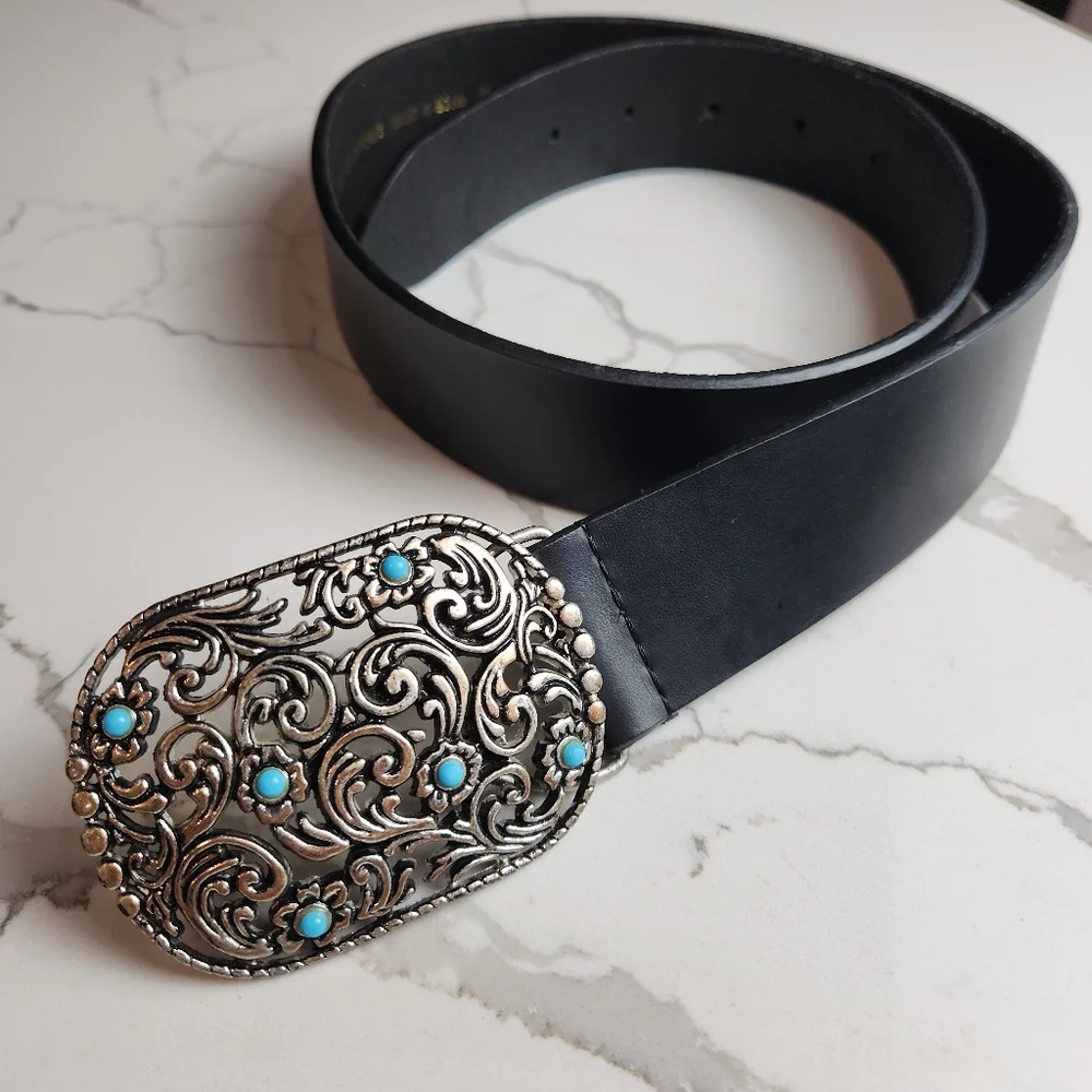 Western Turquoise & Silver Metal Faux Leather Belt Size Medium